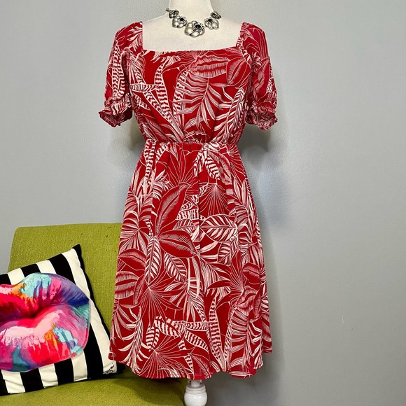 Banana Republic Red Tropical Leaf Short Sleeve Dress - Picture 1 of 7